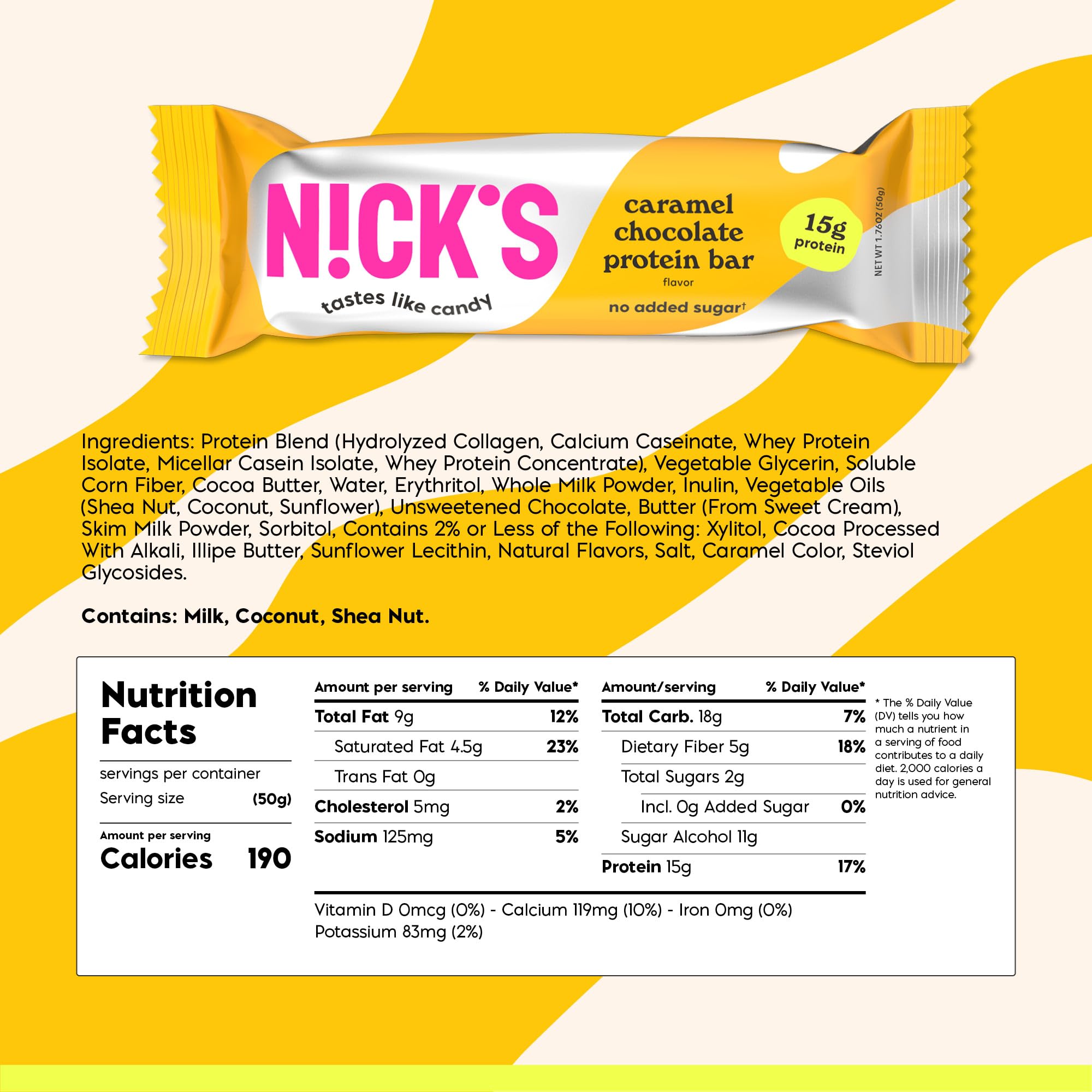 N!CK'S protein bar wrapper highlights high protein and low calories for quick refill.