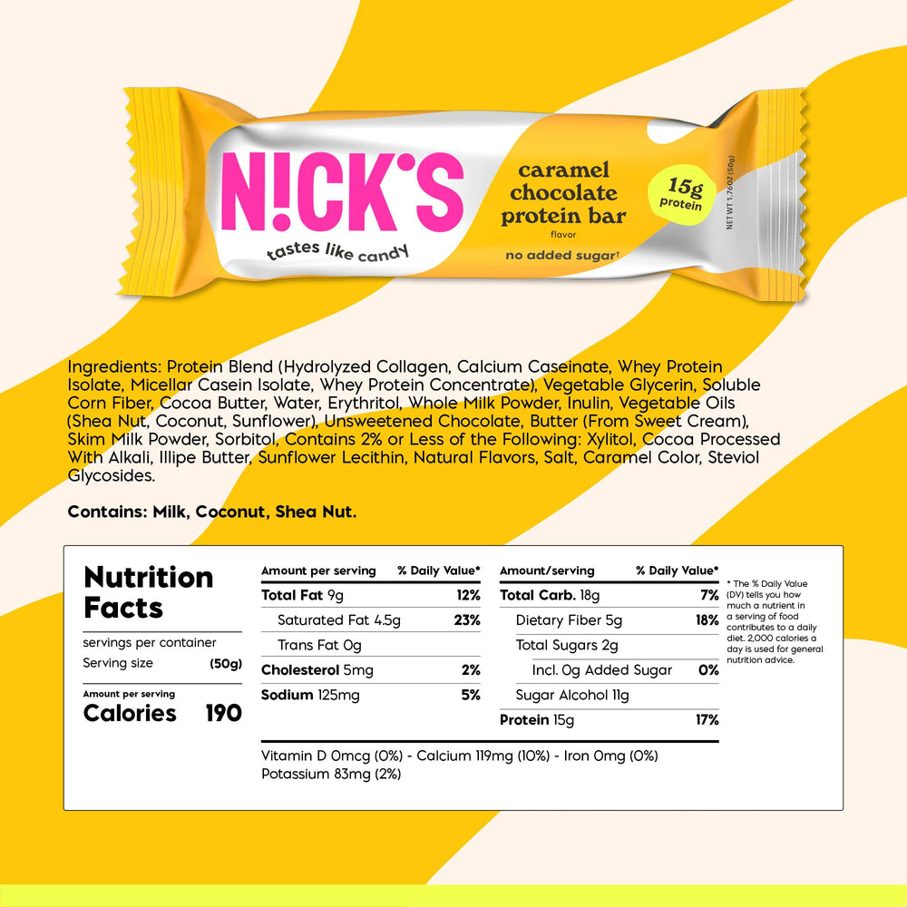 N!CK'S protein bar wrapper highlights high protein and low calories for quick refill.