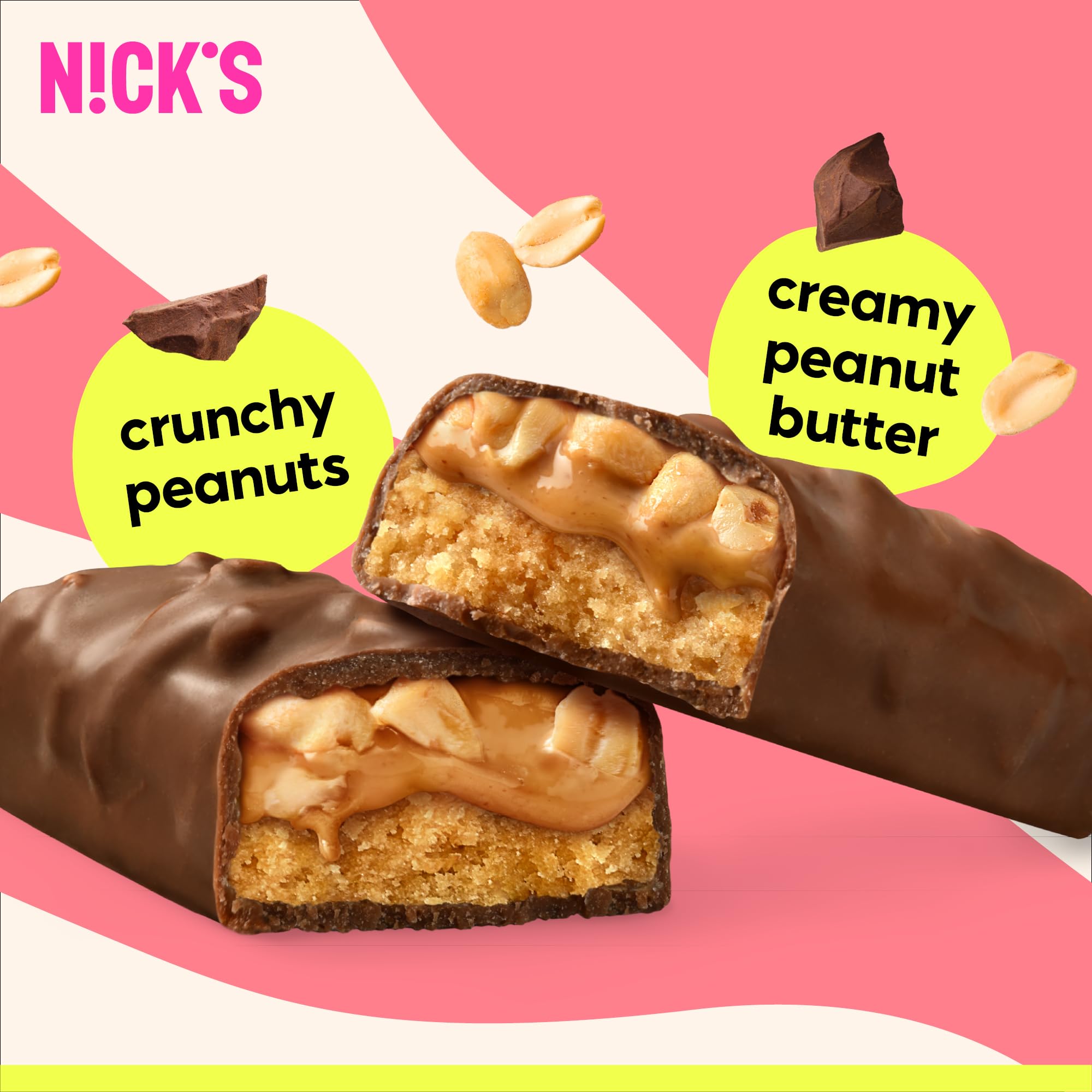 Close-up texture of Nick’s Peanut Butter Protein Bar showing creamy layers.