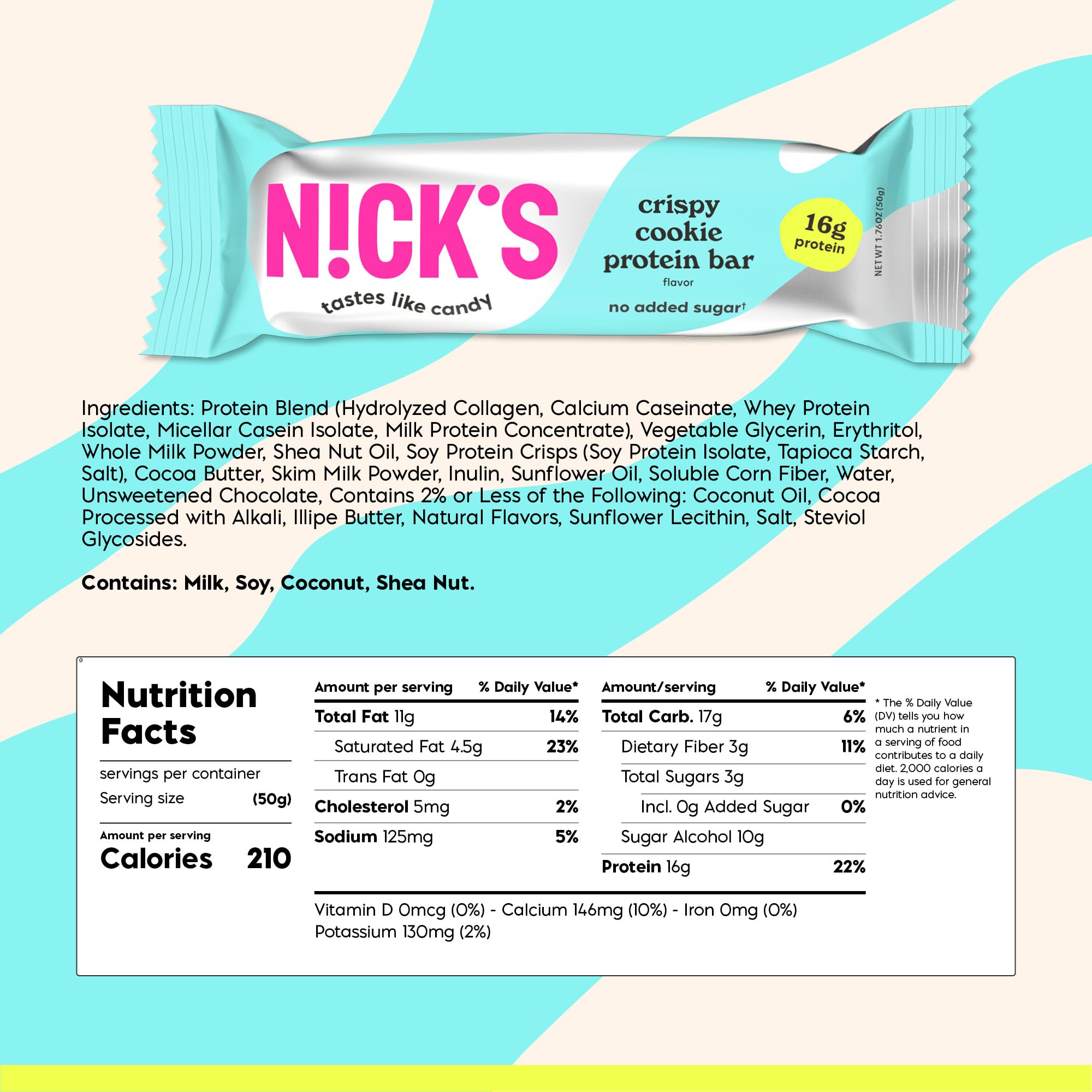Close-up of Nick's Protein Bars Crispy Cookie Chocolate bar with creamy peanut butter flavor.