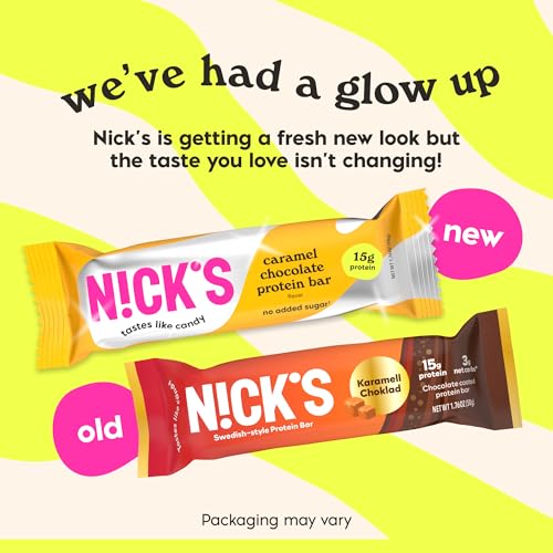 N!CK'S Nick's Protein Bars nutrition panel highlights protein and carb counts.