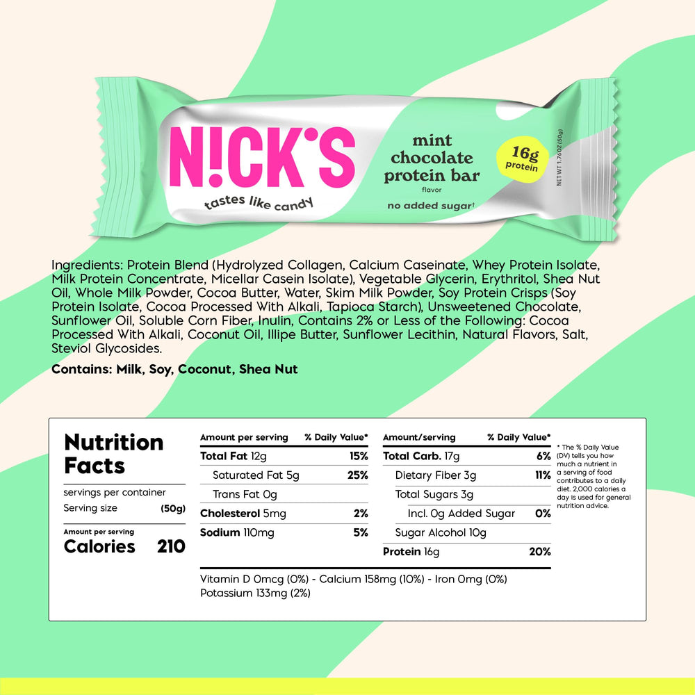 Close-up of N!CK'S Nick’s Mint Chocolate Bar shows creamy mint chocolate texture.