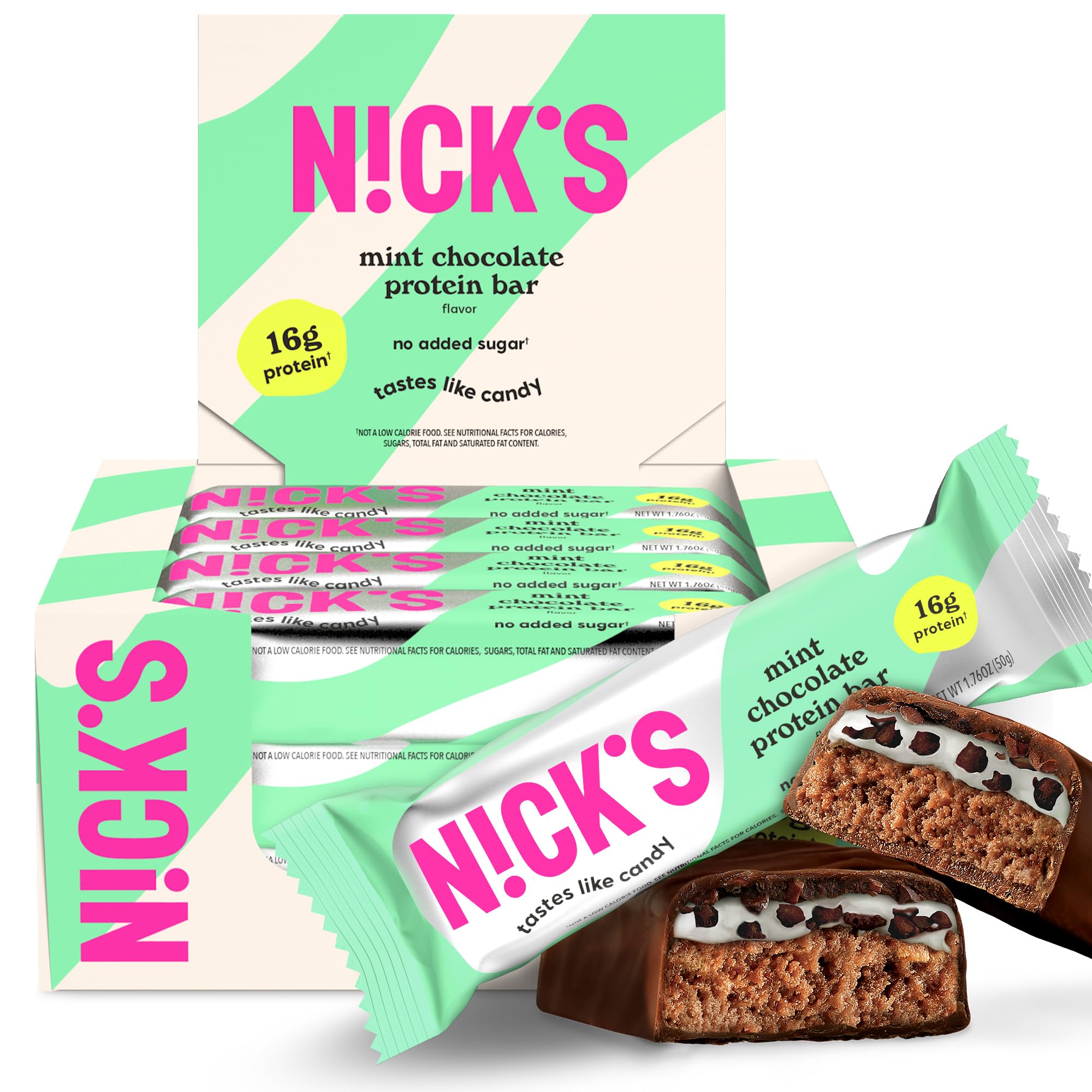 N!CK'S Nick’s Mint Chocolate Bar packshot highlights a high-protein, keto-friendly snack.