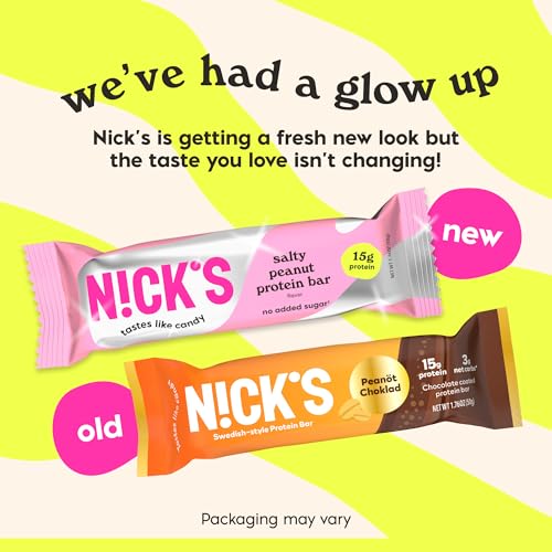 N!CK'S NICKS Protein Bars Chocolate Peanut nutrition label, 15g protein and 4g net carbs per bar.