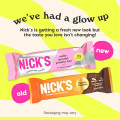N!CK'S NICKS Protein Bars Chocolate Peanut nutrition label, 15g protein and 4g net carbs per bar.