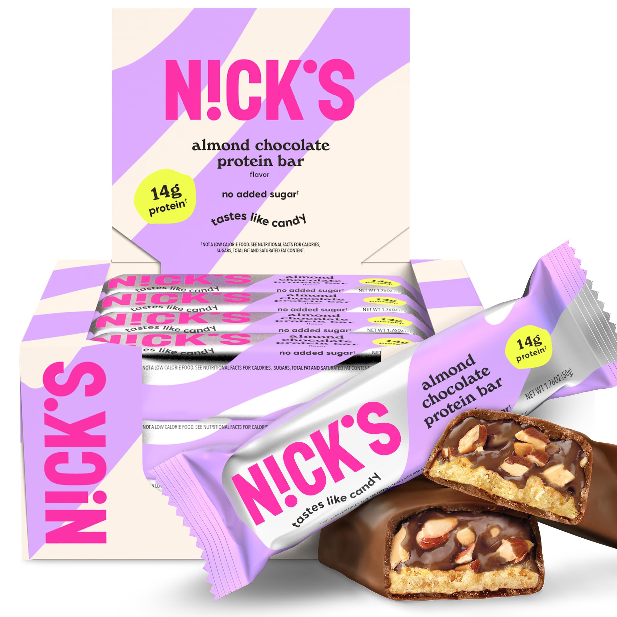 Nick's Protein Bars peanut butter packaging highlights high-protein, keto-friendly snack.
