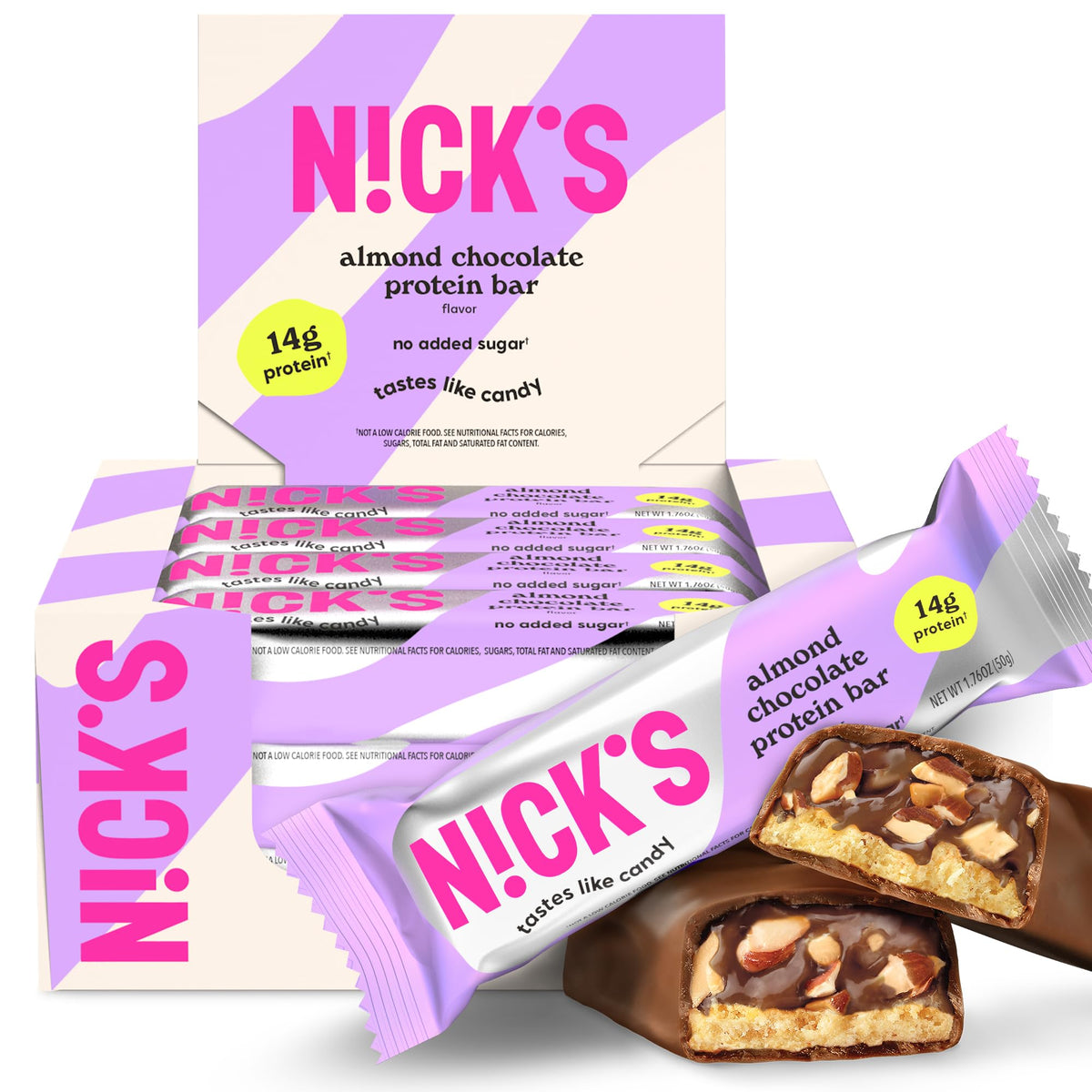 Nick's Protein Bars peanut butter packaging highlights high-protein, keto-friendly snack.