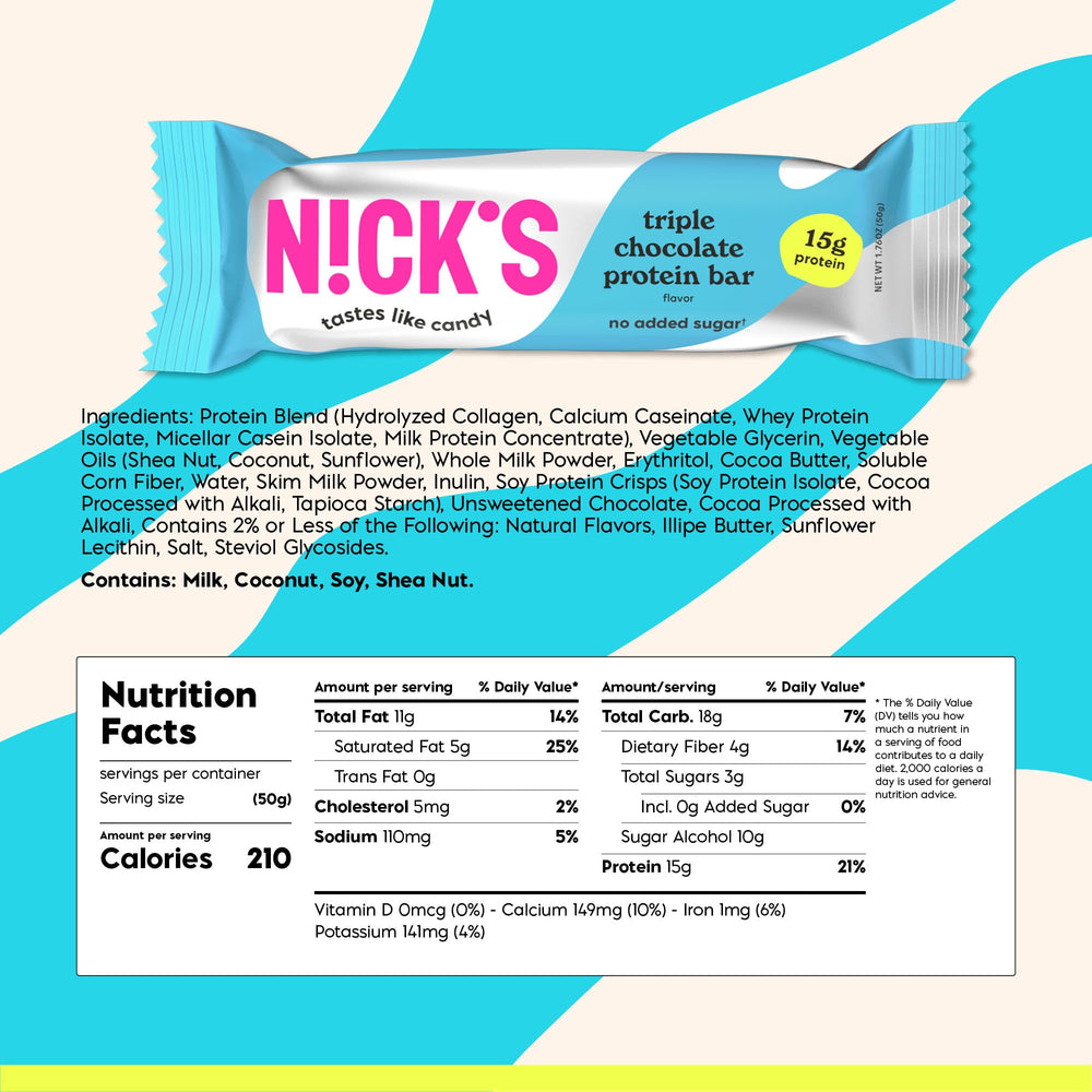 N!CK'S Nick's Triple Chocolate bar closeup creamy peanut butter flavor.