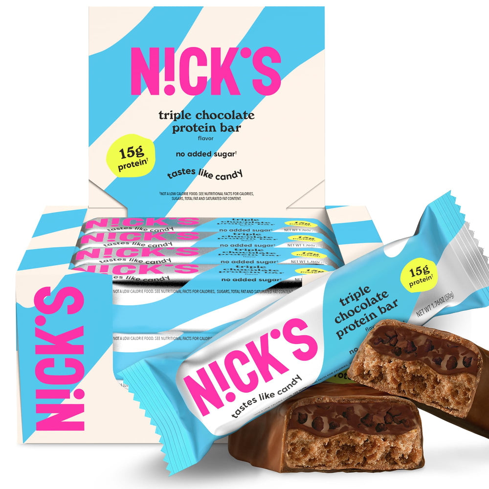 N!CK'S Nick's Triple Chocolate protein bar pack ready for gym bag snacking and sustained energy.