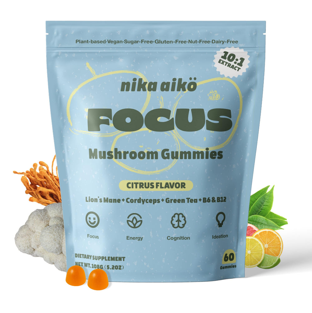 Nika Aiko Focus Mushroom Gummies bottle highlights brain support and calm productivity.