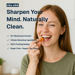 Nika Aiko Focus Mushroom Gummies citrus imagery—vibrant, sugar-free boost for mental clarity.