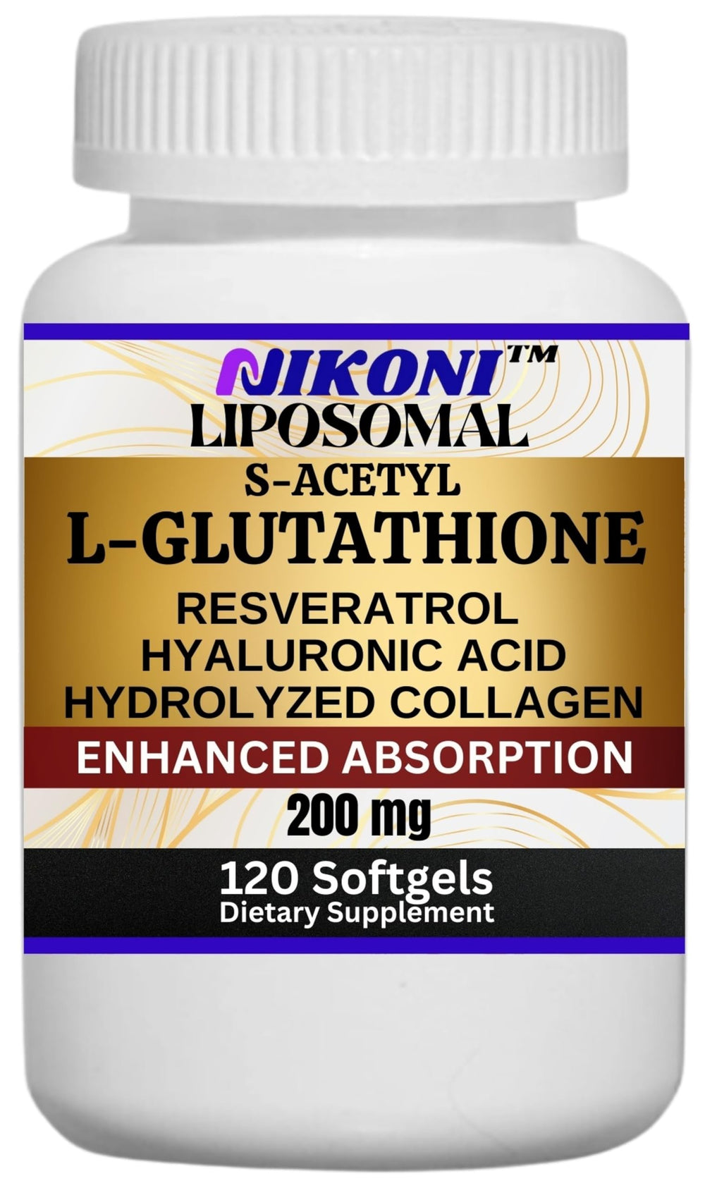 Nikoni liposomal S-Acetyl L-Glutathione Resveratrol bottle supports antioxidant support.