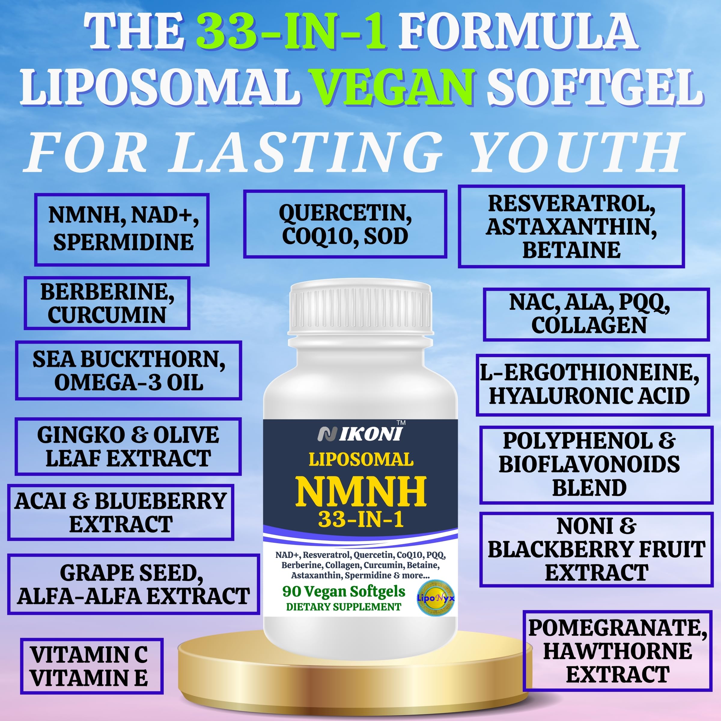 Nikoni skincare-supporting ingredients like collagen and hyaluronic acid boost hydration.