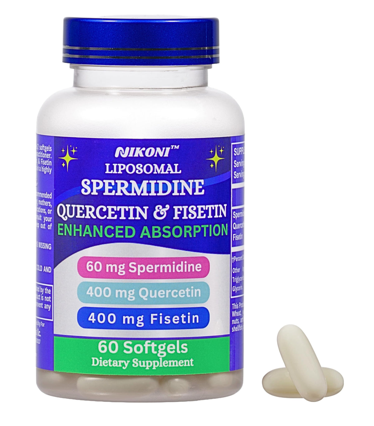 Nikoni Liposomal Spermidine bottle shows the 3-in-1 formula for aging support.