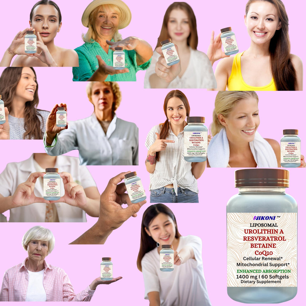 Nikoni Liposomal Urolithin-A capsules with glass of water.