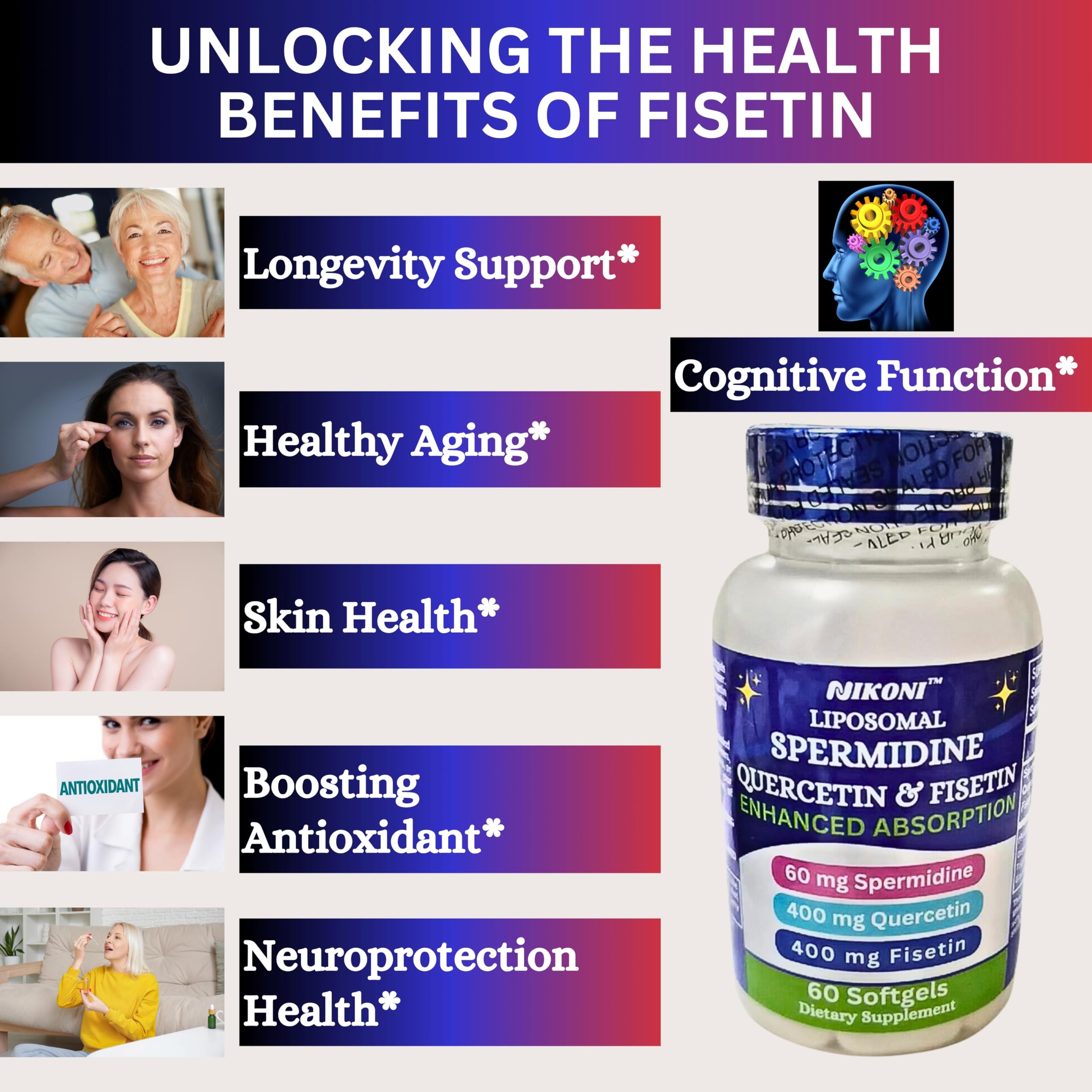 Nikoni supplement facts panel showcases non-GMO, gluten-free, sugar-free attributes.