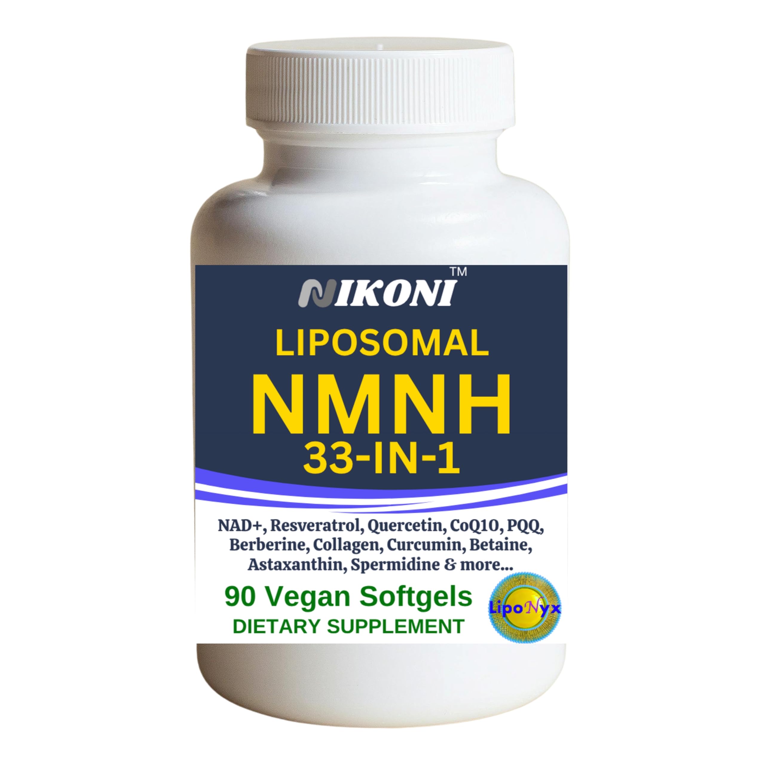 Nikoni vegan liposomal NMNH softgels bottle showcases energy support and daily vitality.