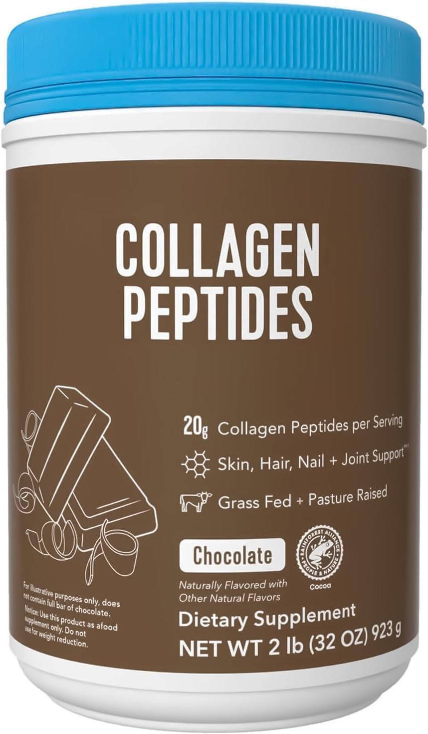 Nilogie Vital Collagen Peptides chocolate bottle, supports joint health and skin appearance.