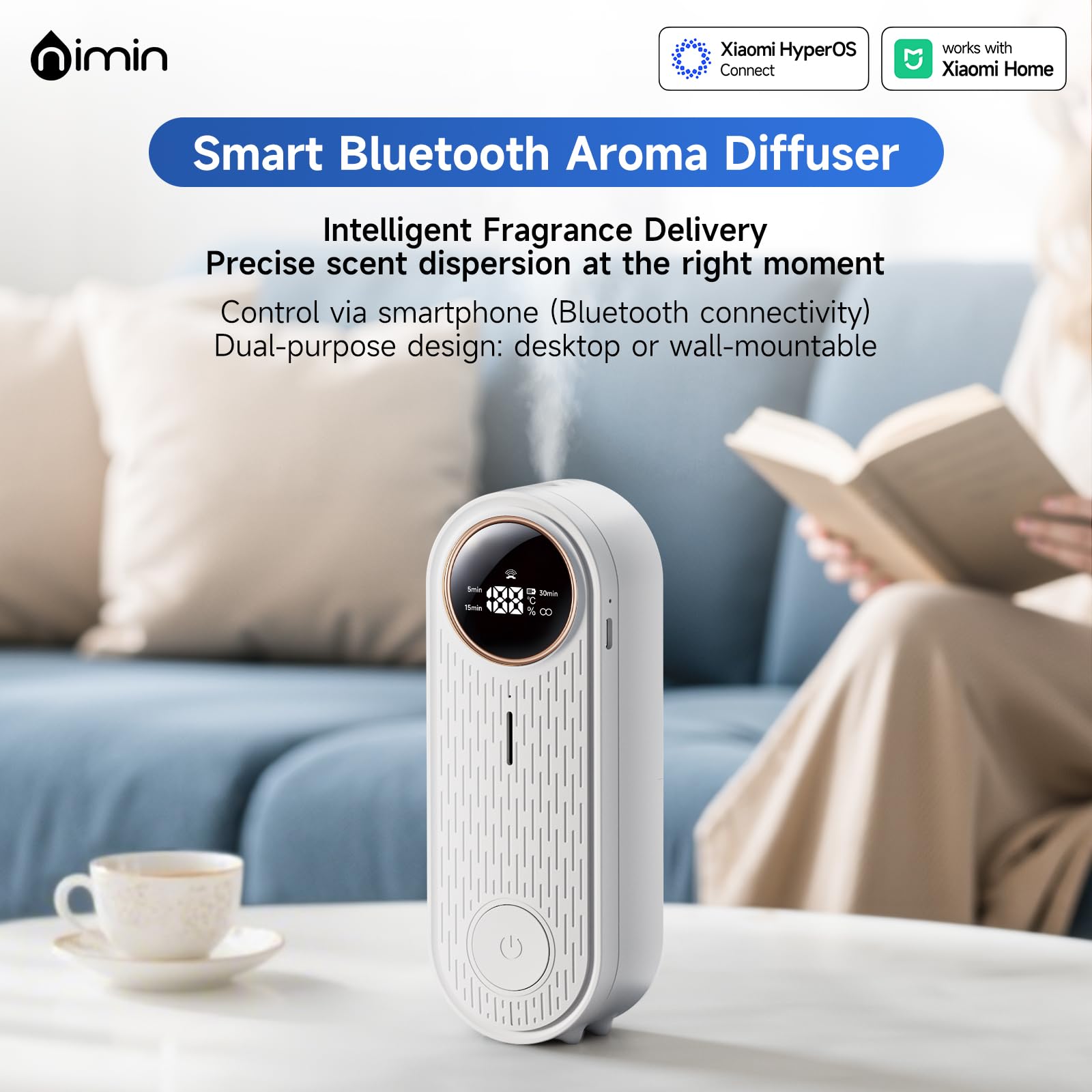 Nimin diffuser with app control and display for easy scent customization
