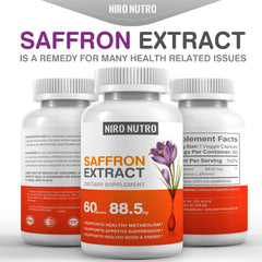 Niro Nutro saffron capsules closeup highlights small, easy-to-swallow pills for daily use.