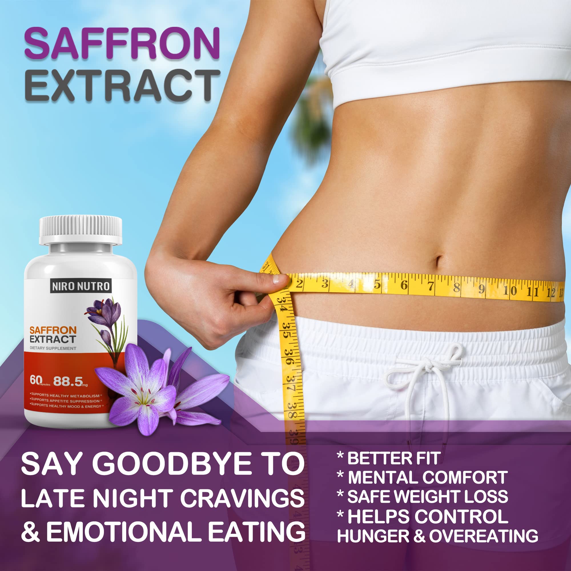 Niro Nutro saffron energy-boost image suggests daytime support and vitality.
