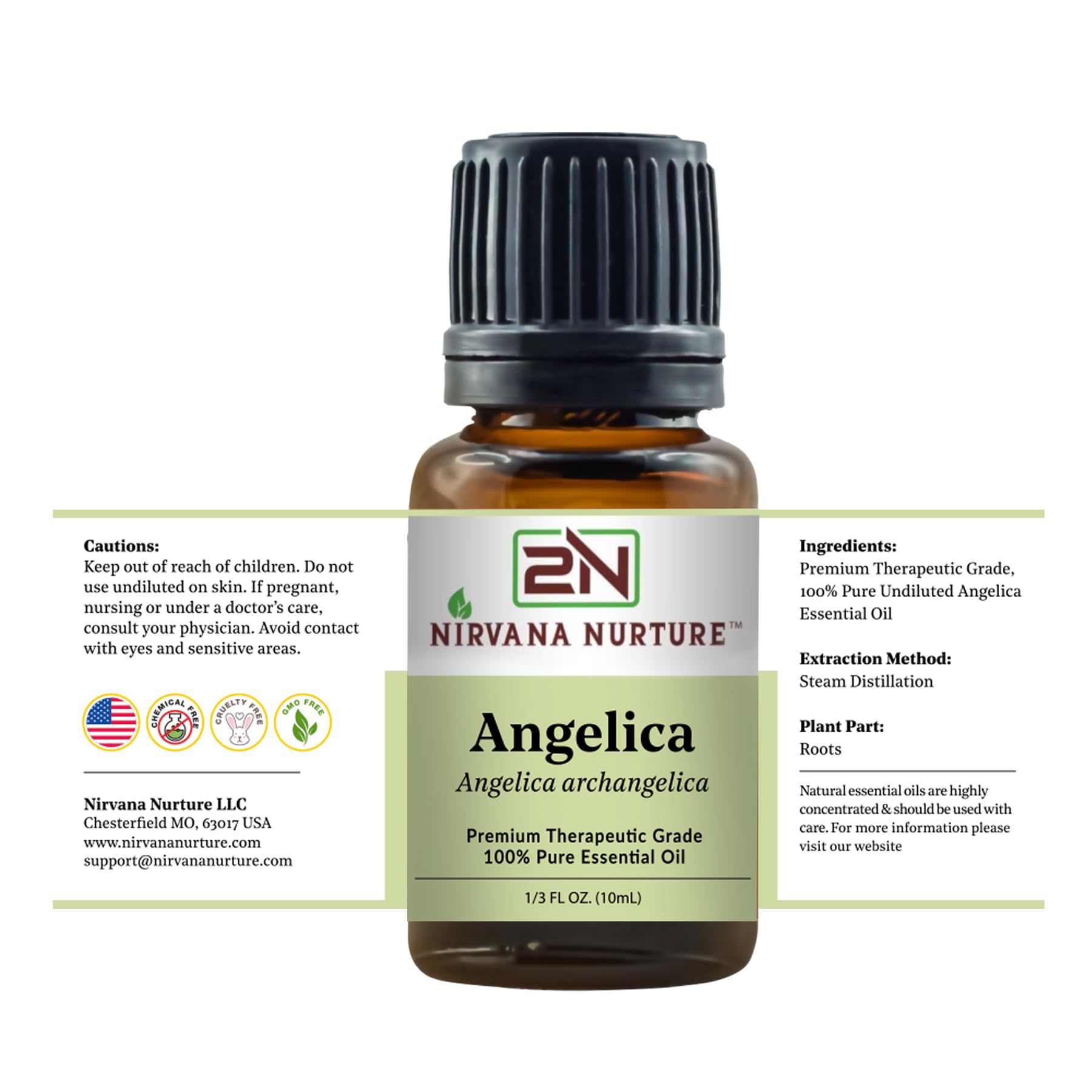 Nirvana Nurture Angelica Essential Oil label and ingredients highlight