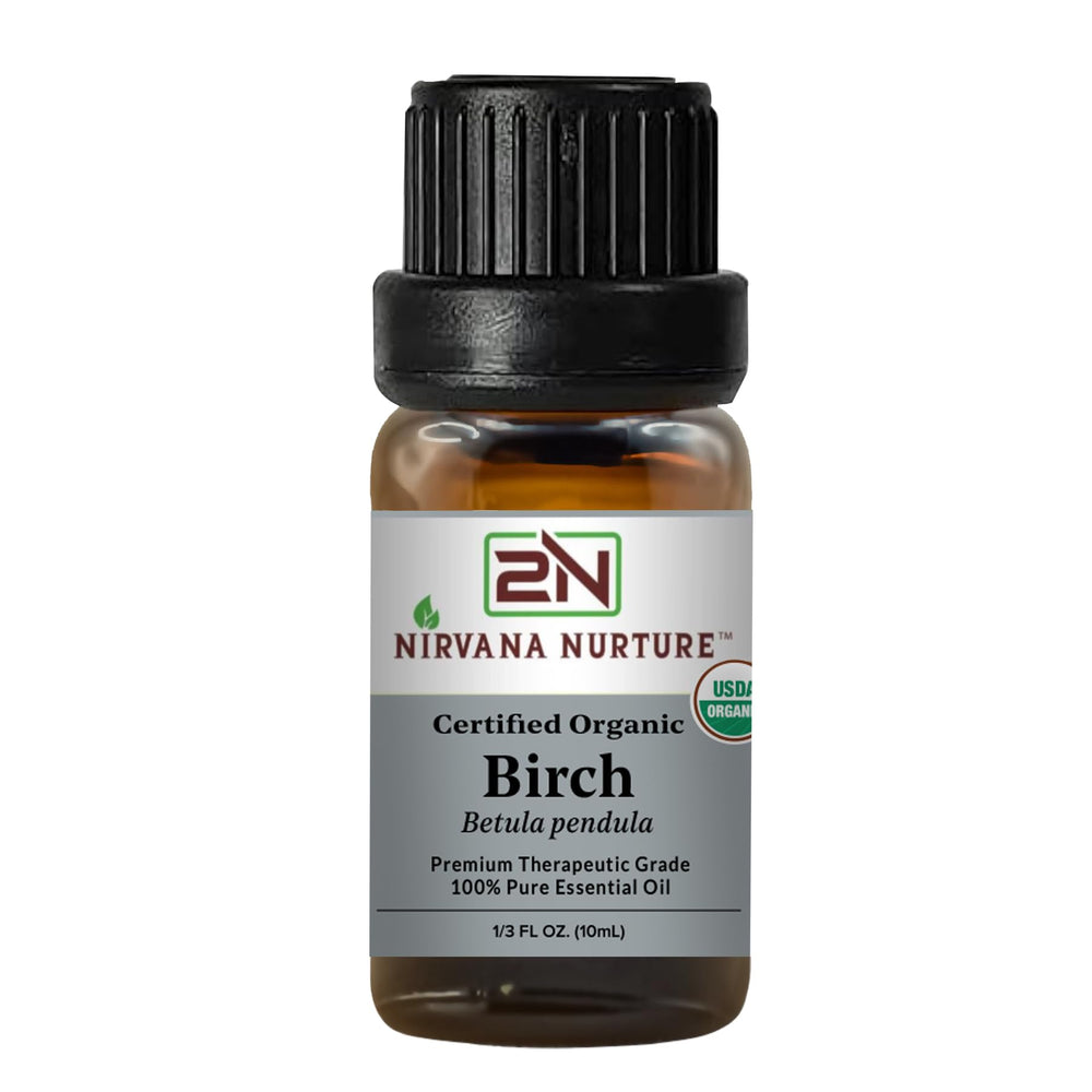 Nirvana Nurture Birch essential oil bottle highlighting pure aroma for diffuser or skincare