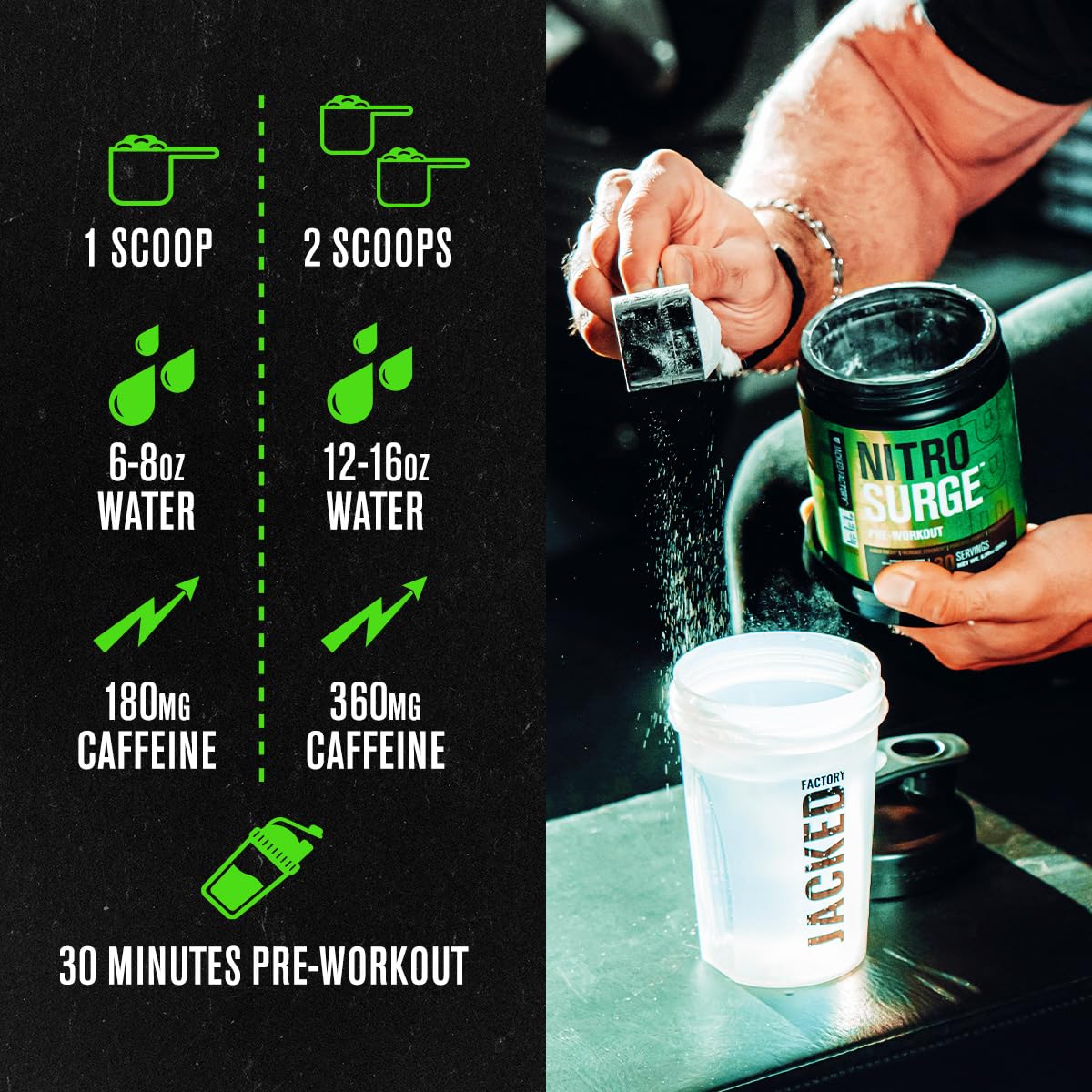 Jacked Factory Nitrosurge close-up label highlights science-backed ingredients for performance.