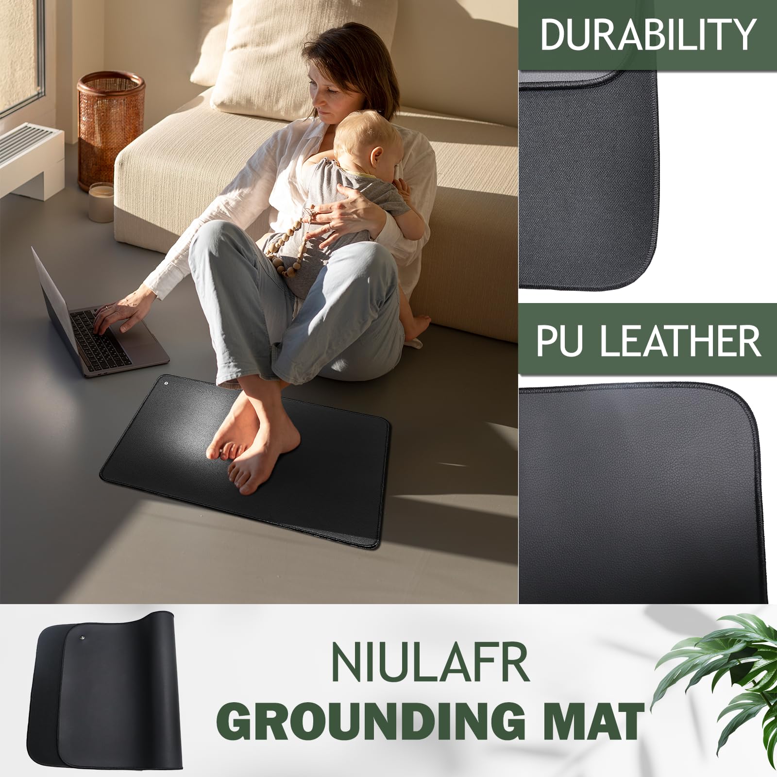 NIULAFR grounding mat close-up shows conductive leather texture for skin-friendly grounding