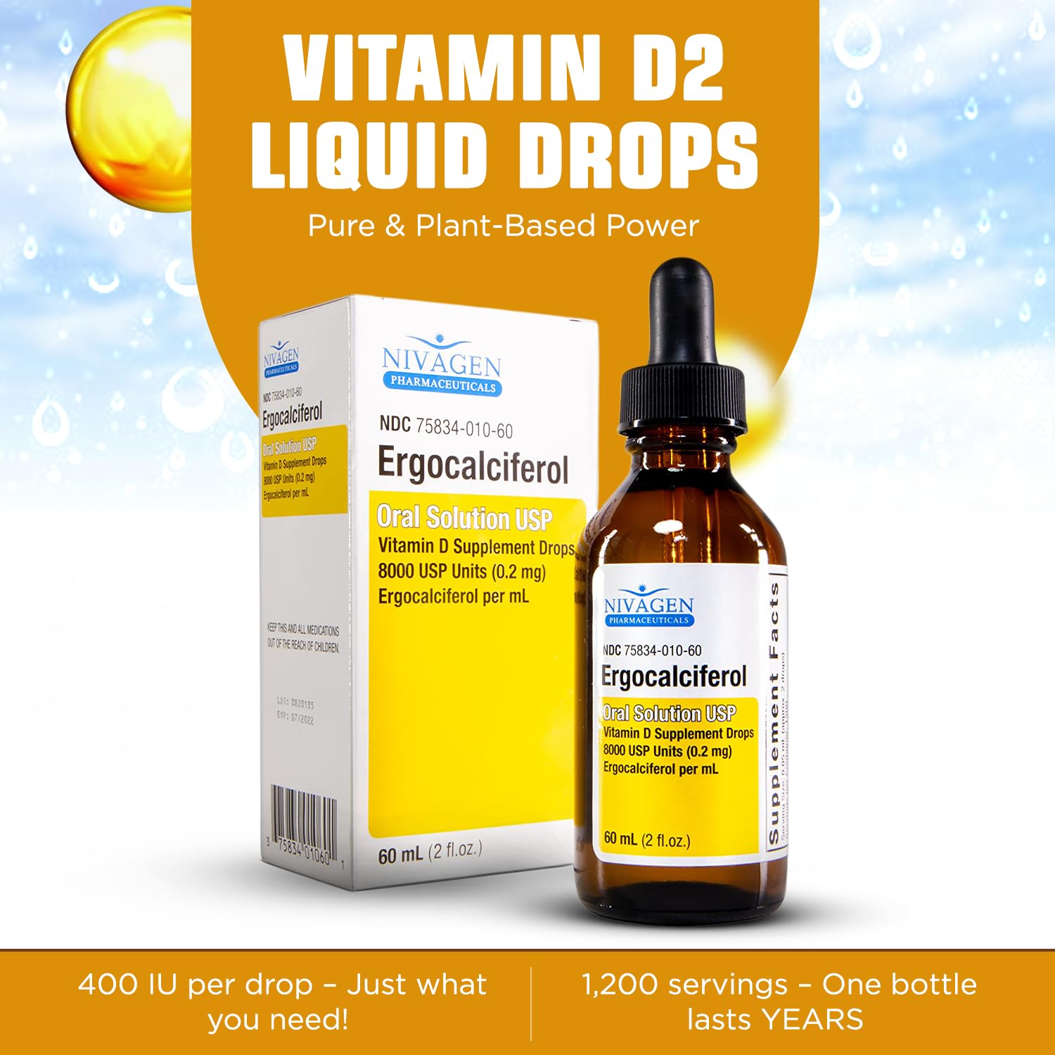 Nivagen Vitamin D2 drops dosing dropper showing precise 2-drop servings.