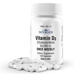 Nivagen Vitamin D3 50k bottle for easy weekly dosing.