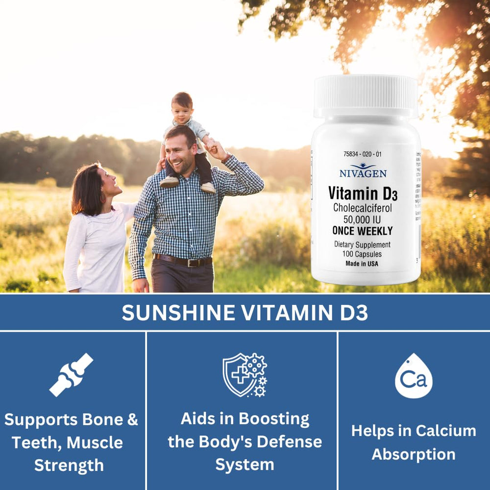 Nivagen Vitamin D3 capsules close-up showing smooth, easy-to-swallow pills.