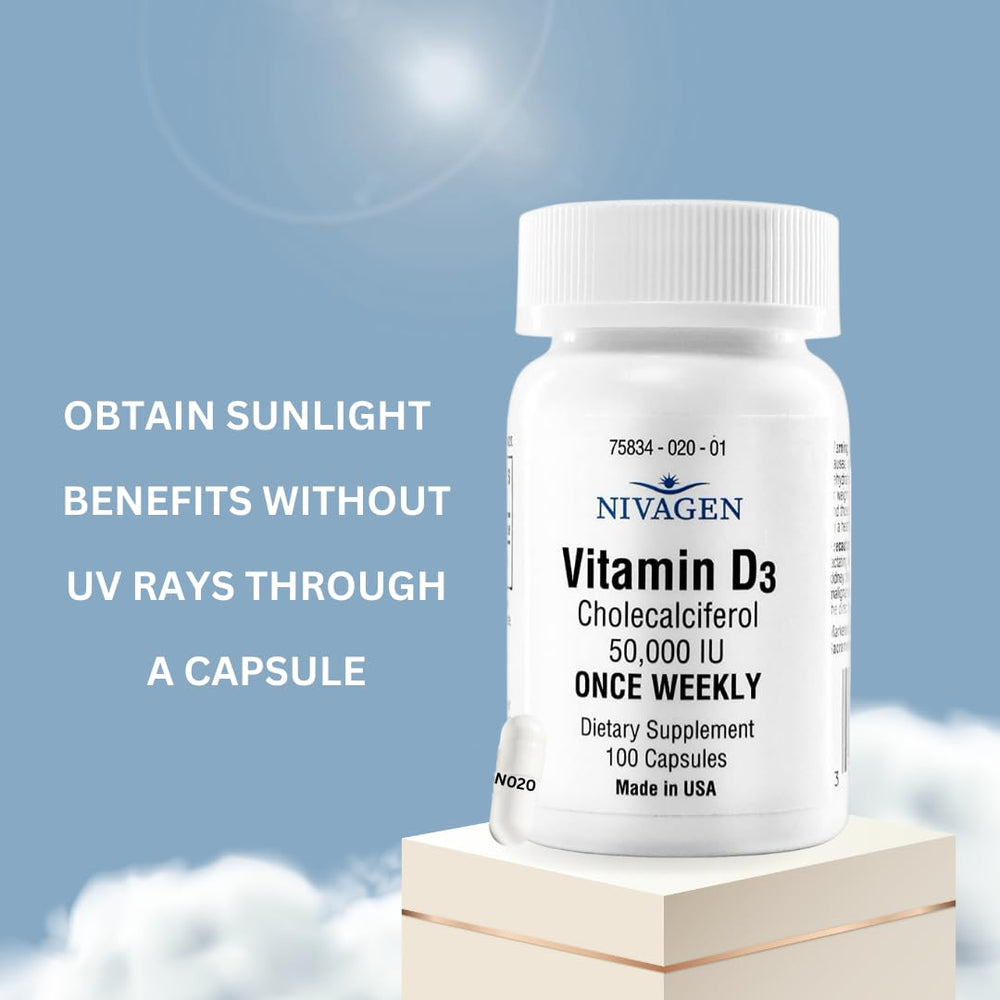 Nivagen Vitamin D3 nutrition facts panel with high-potency details.