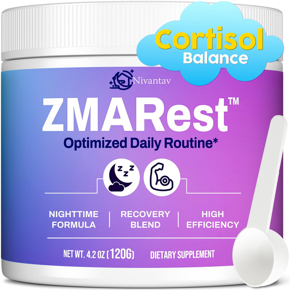 Nivantav Cortisol Supplements bottle on a nightstand for calm evenings.