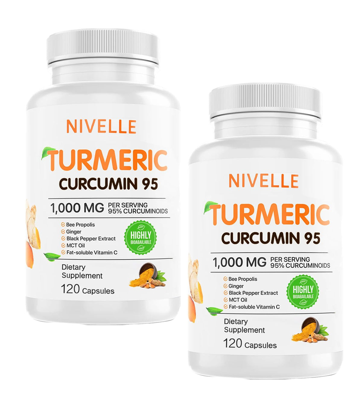 NIVELLE Turmeric Curcumin bottle front label signaling premium joint support potential