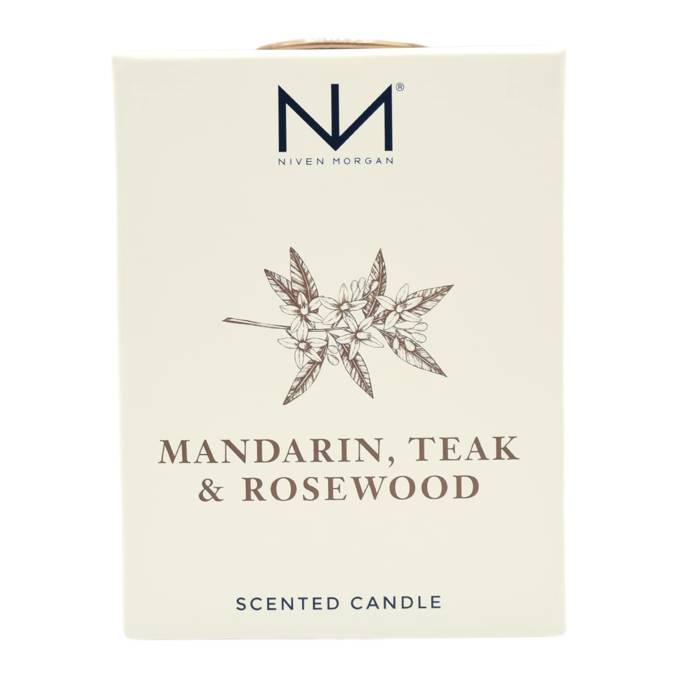 Niven Morgan Mandarin-Teak-Rosewood candle label emphasizes craftsmanship and premium scent
