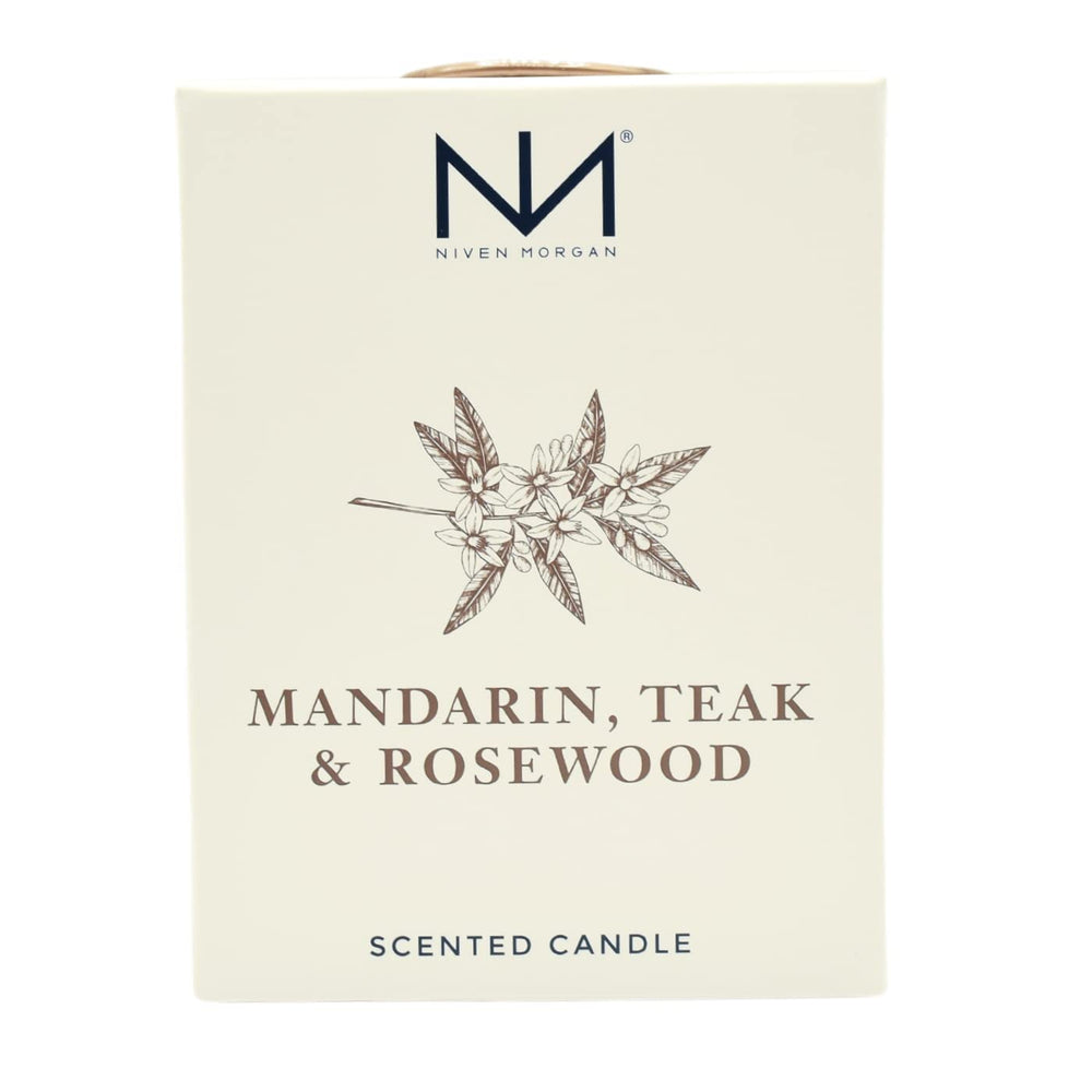 Niven Morgan Mandarin-Teak-Rosewood candle label emphasizes craftsmanship and premium scent