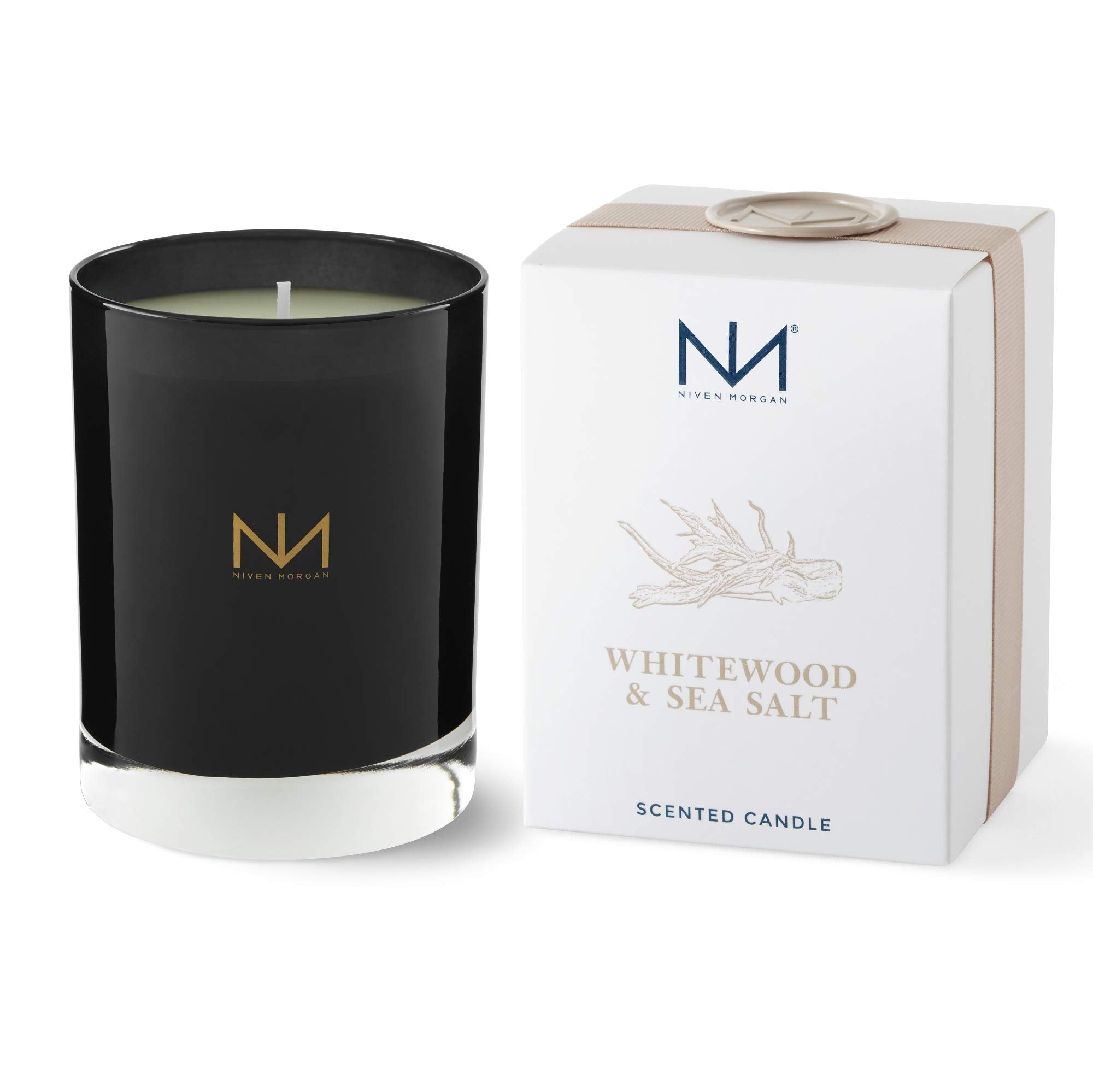 Niven Morgan Whitewood Sea Salt candle front view enhances living spaces with refined fragrance.