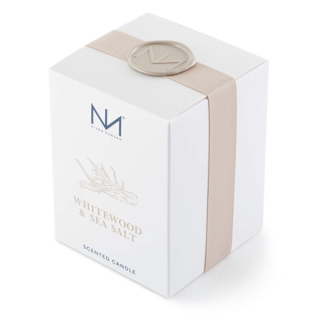 Niven Morgan Whitewood Sea Salt candle lit ambiance for evenings.