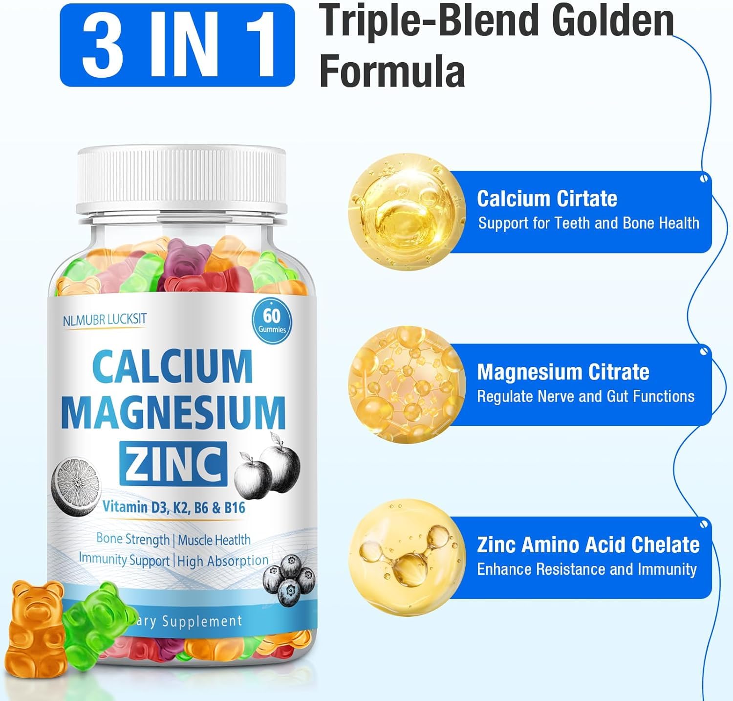 Ingredients and vitamins list in NLMUBR LUCKSIT calcium gummies support absorption.