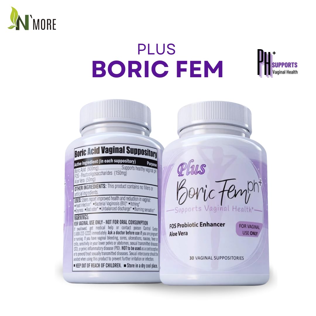 N'More boric acid vaginal suppositories packaging box for discreet, convenient use.