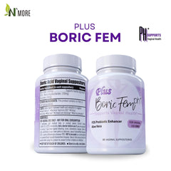 N'More boric acid vaginal suppositories packaging box for discreet, convenient use.