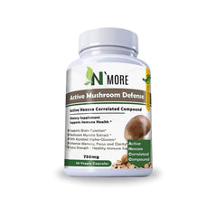N'More Six Active Mushroom Defense bottle on kitchen counter for daily immune support.