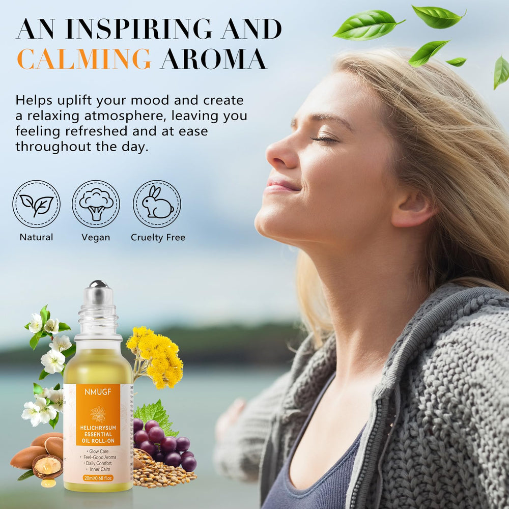 NMUGF Helichrysum roll-on on forehead for soothing aromatherapy