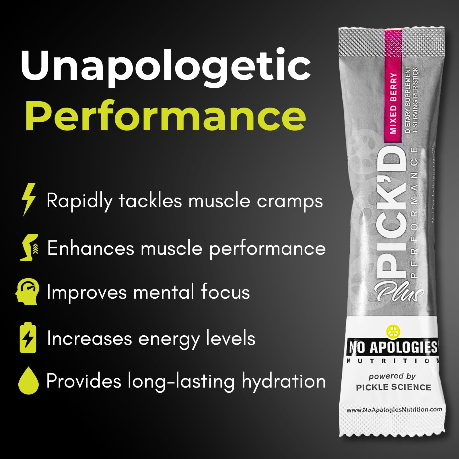 Electrolyte blend visual behind the Pick’d Performance Plus product for endurance support.