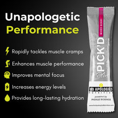 Electrolyte blend visual behind the Pick’d Performance Plus product for endurance support.