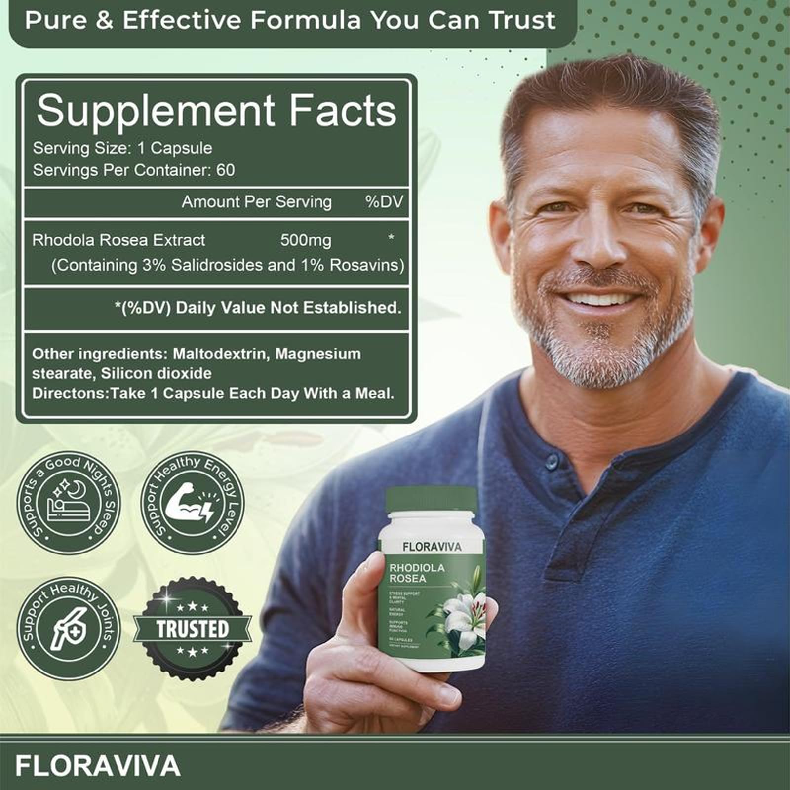 No Bald Floraviva Rhodiola label close-up highlighting extract.