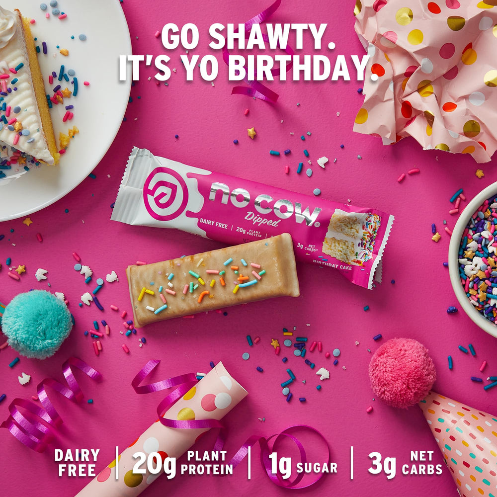 No Cow birthday cake bar in gym bag, convenient snack after workouts