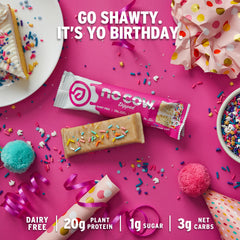 No Cow birthday cake bar in gym bag, convenient snack after workouts