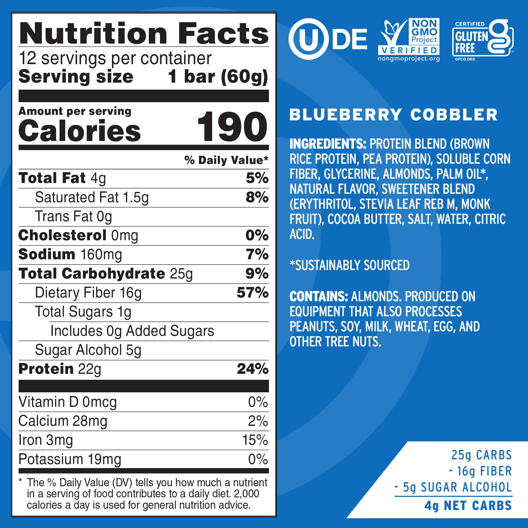 No Cow Blueberry Cobbler bar cross-section showing core protein and fiber